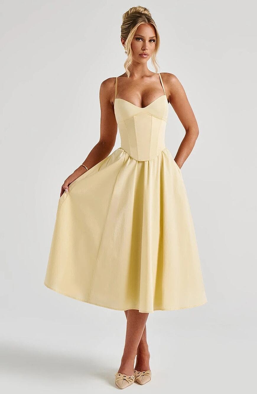 NWT Babyboo Mariella Lemon Yellow Lace Up Corset Fit & Flare Midi Dress Size XS